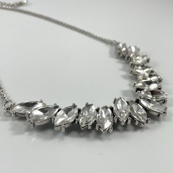 Silver Tone White Glass Marquise Rhinestone Bib Collar Necklace Statement - Picture 4 of 6